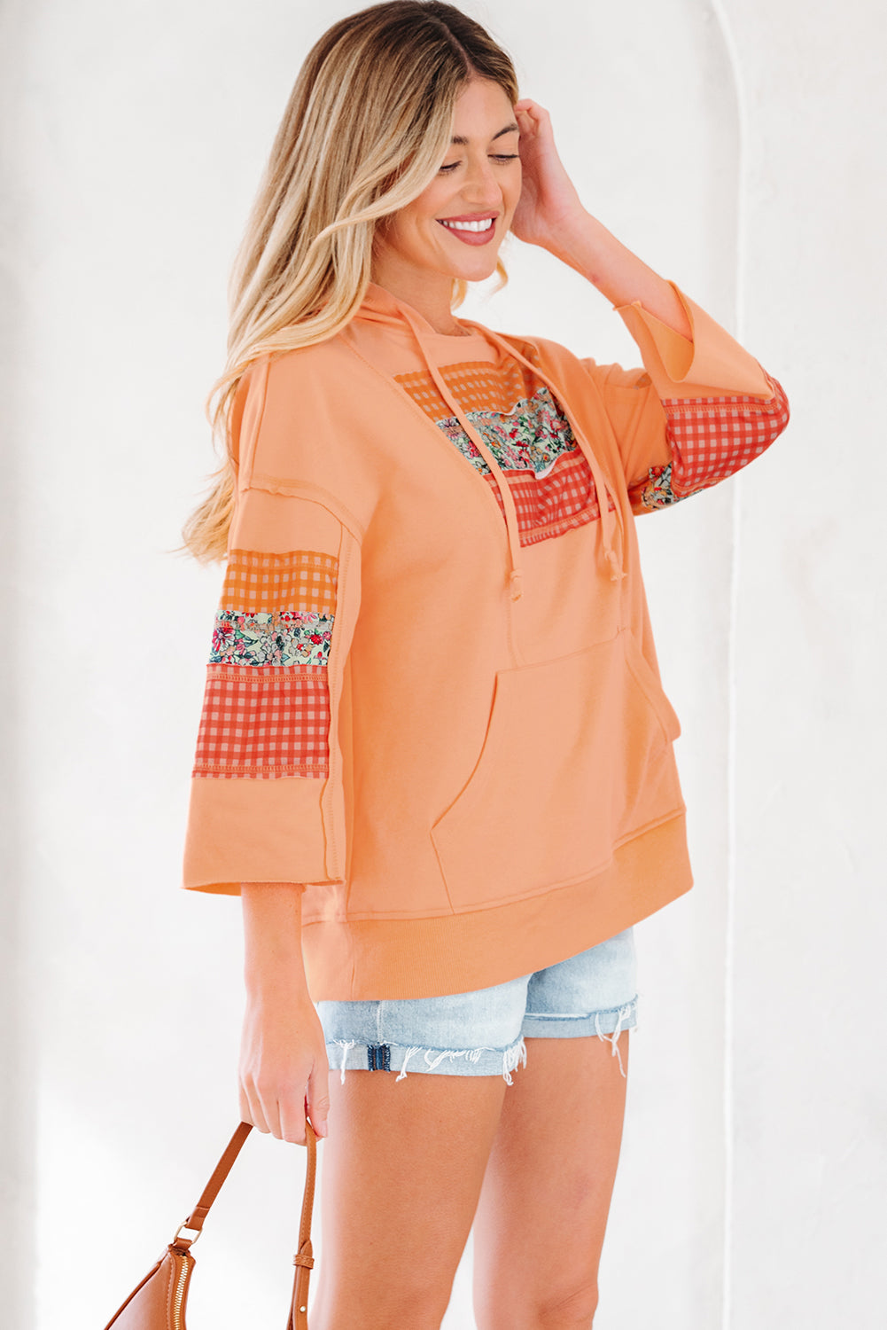 Grapefruit Orange Plaid Floral Patchwork Kangaroo Pocket Hooded Long Sleeve Top
