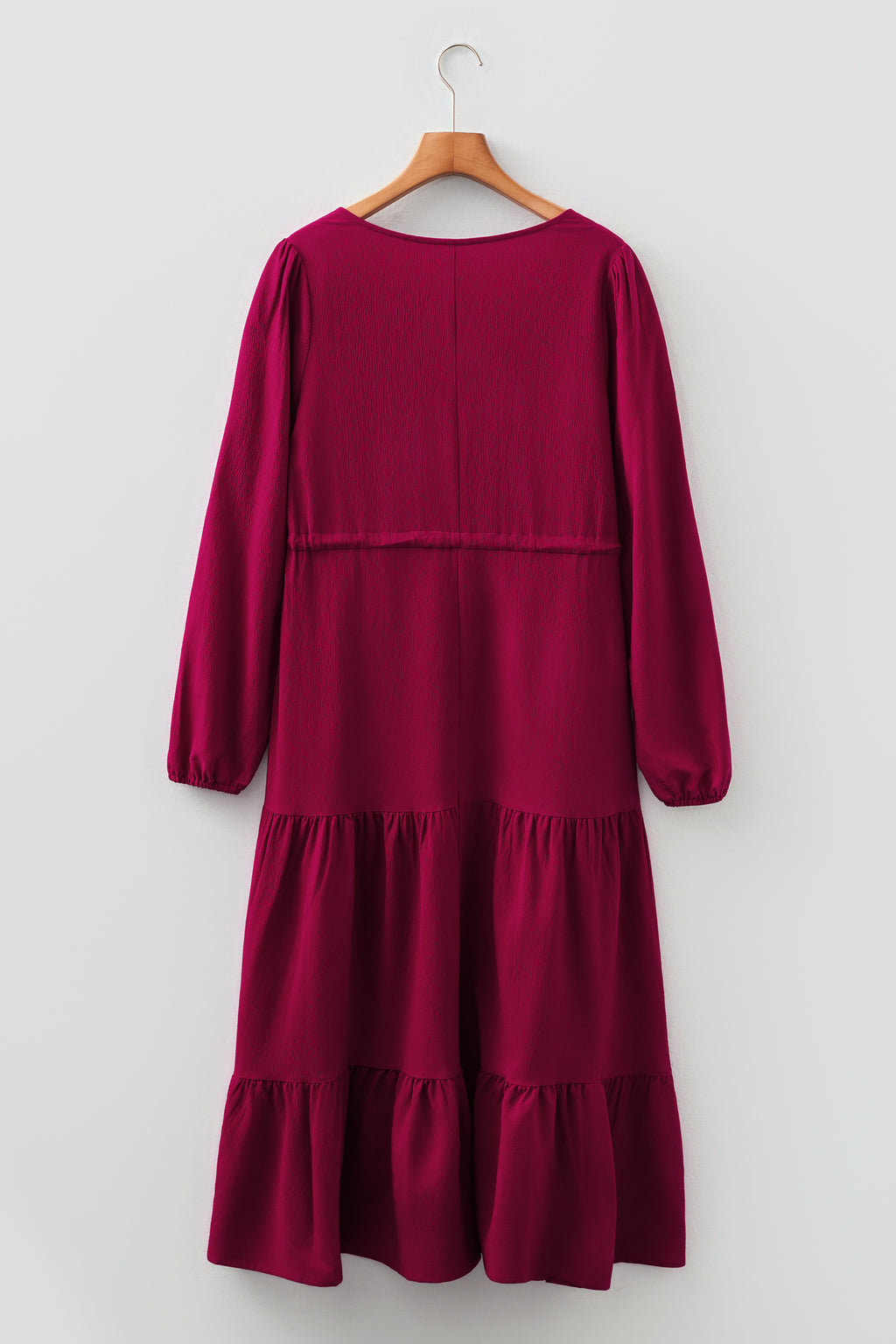 Burgundy Solid Long Sleeve Button V Neck Tiered Maxi Dress