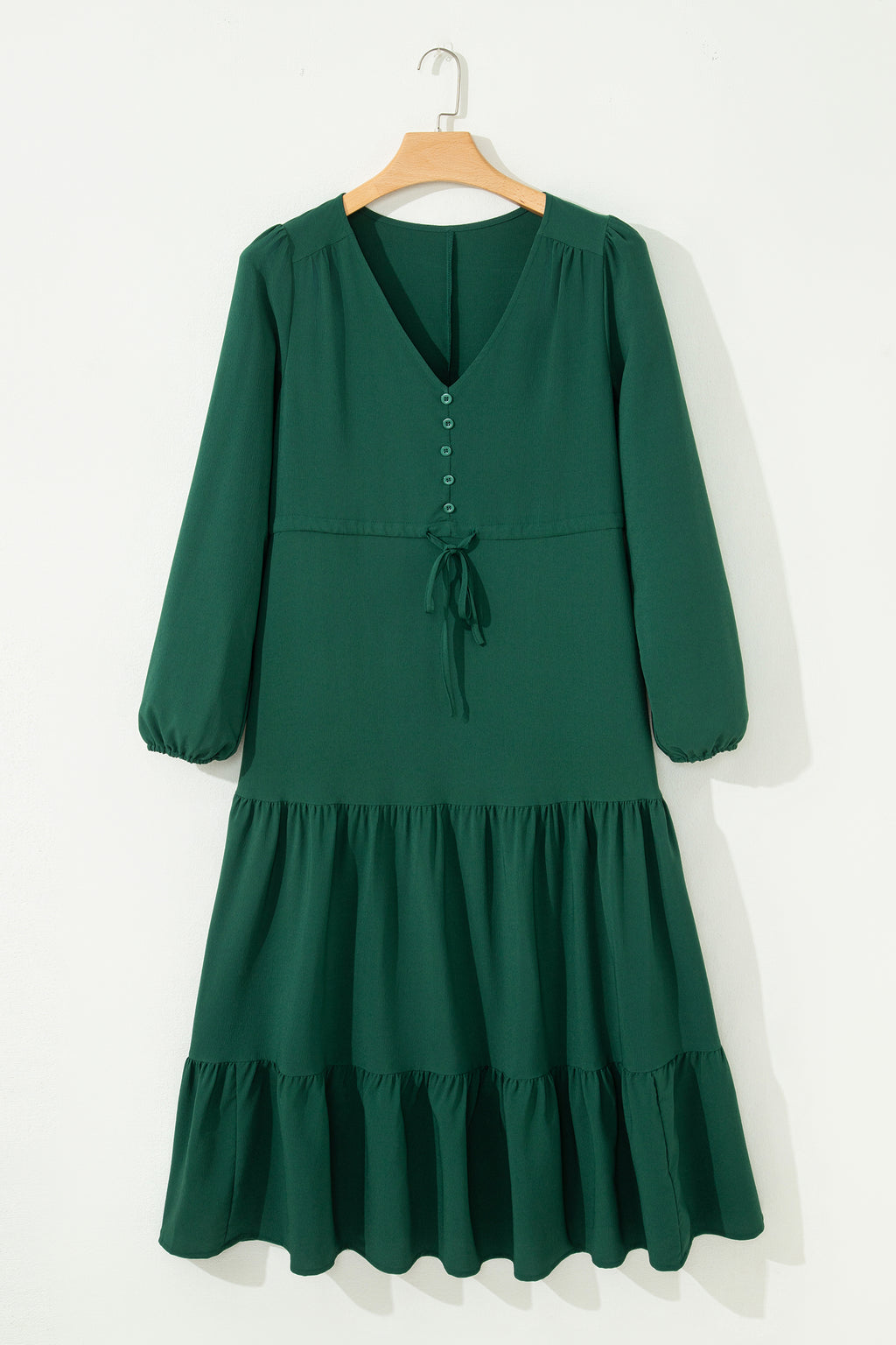 Blackish Green Solid Long Sleeve Button V Neck Tiered Maxi Dress