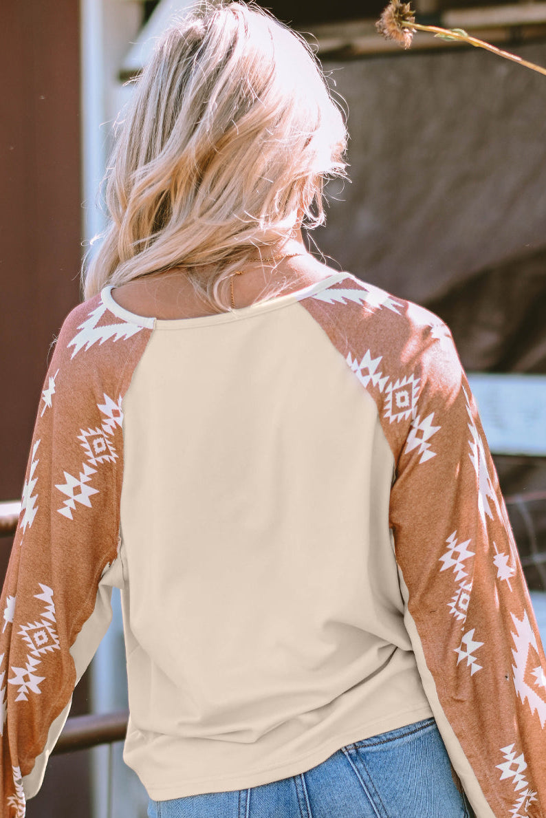 Apricot Western Print Patch Long Sleeve Top