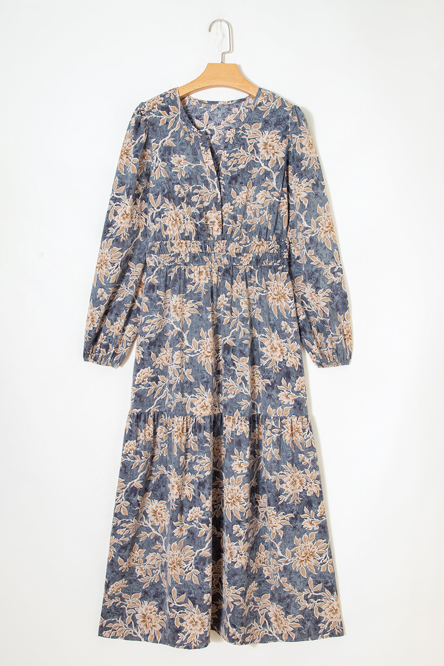 Sky Blue Floral Print Smocked High Waist Long Sleeve Maxi Dress