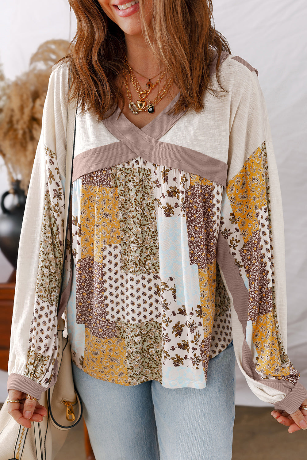 White Floral Printed Contrast Patchwork Long Sleeve Top