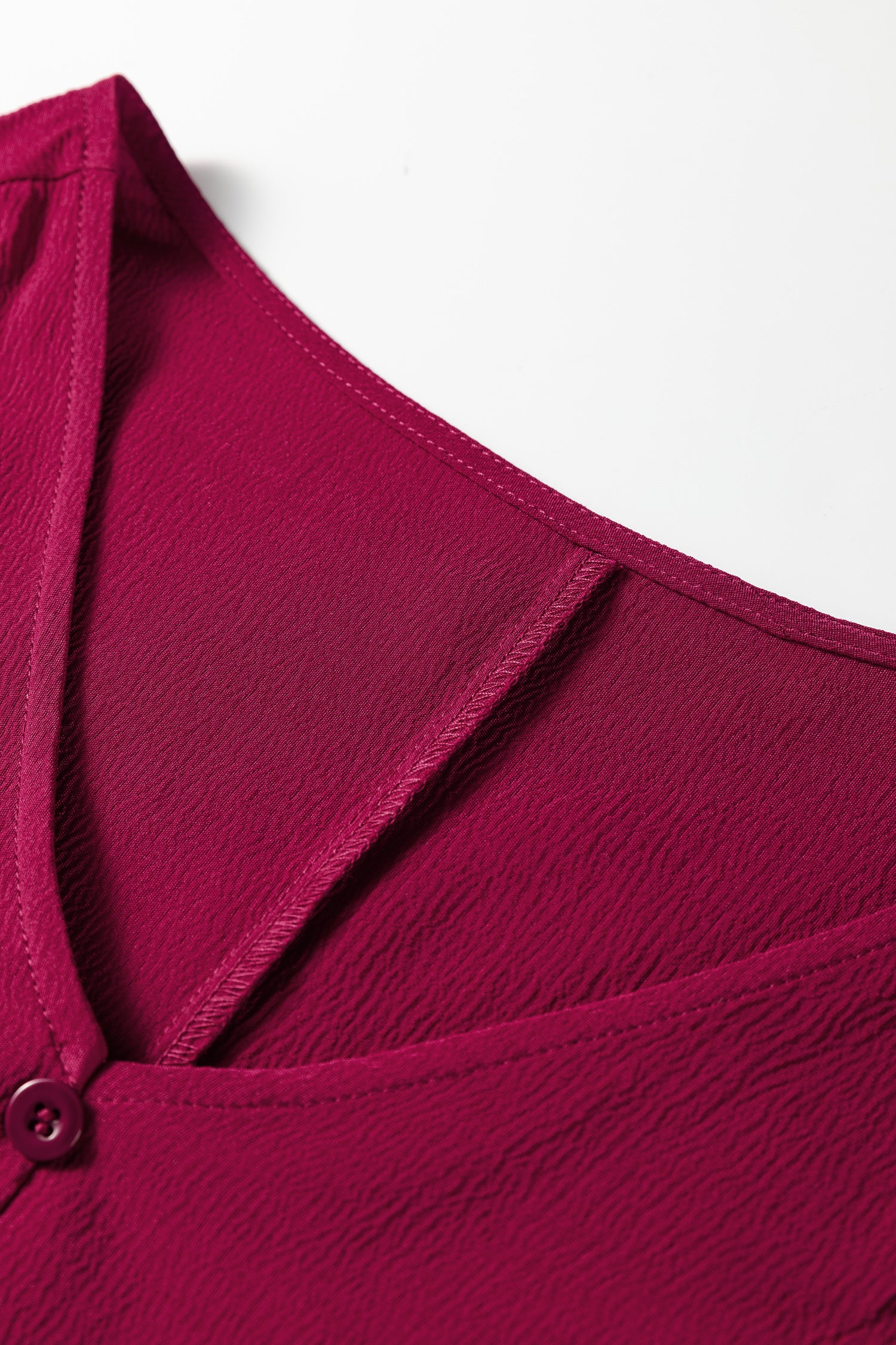 Burgundy Solid Long Sleeve Button V Neck Tiered Maxi Dress