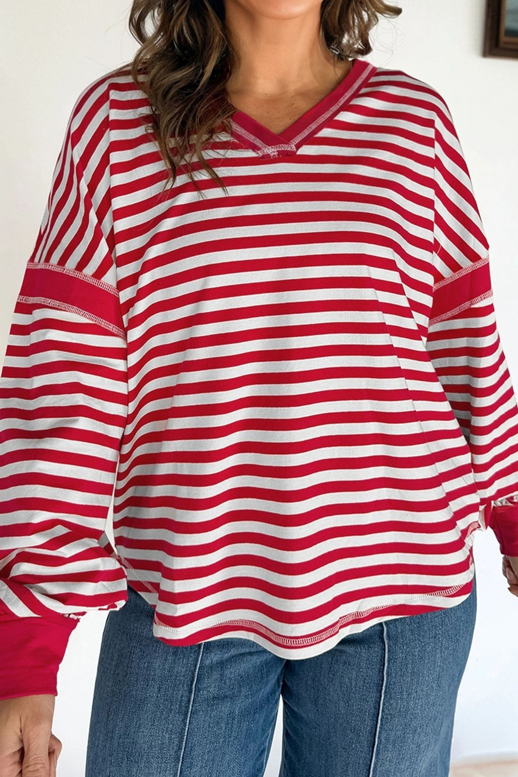 Red Stripe Exposed Seam V Neck Balloon Sleeve Pullover