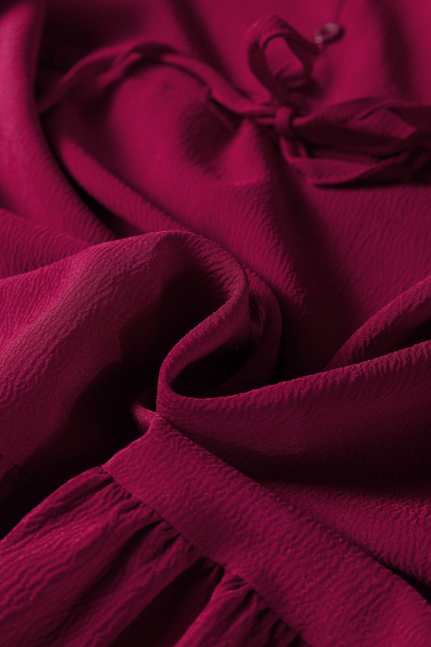 Burgundy Solid Long Sleeve Button V Neck Tiered Maxi Dress