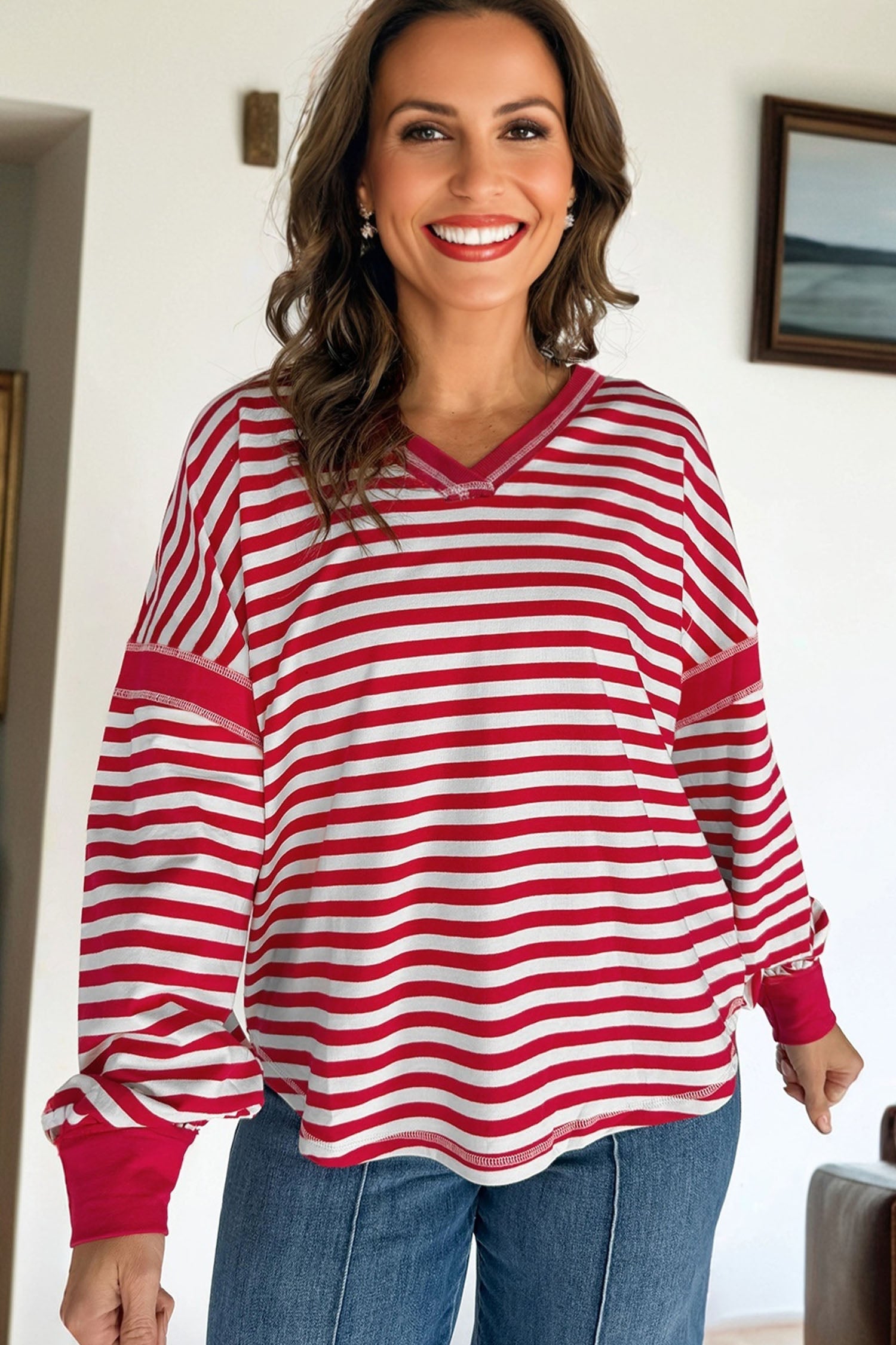 Red Stripe Exposed Seam V Neck Balloon Sleeve Pullover