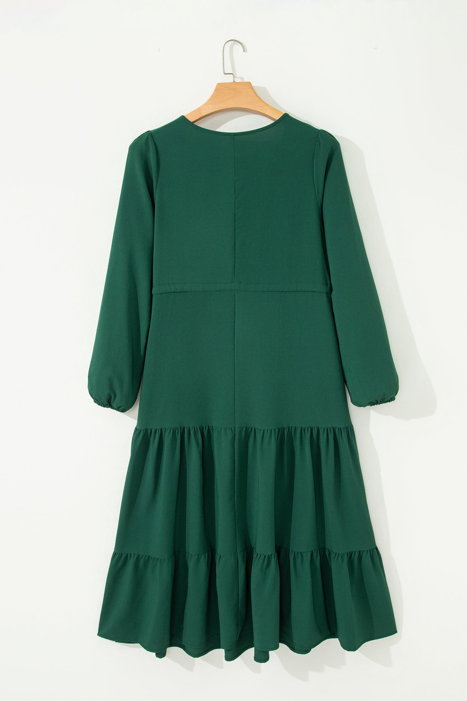 Blackish Green Solid Long Sleeve Button V Neck Tiered Maxi Dress