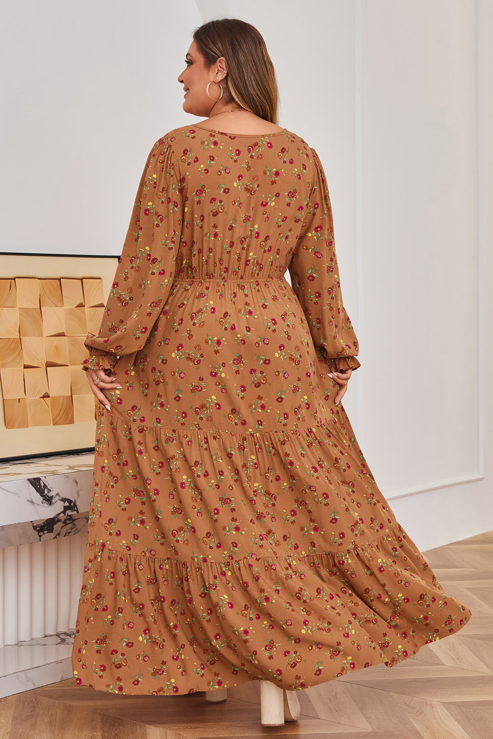 Brown Plus Size Floral Split V Neck Ruffled Sleeve Tiered Maxi Dress